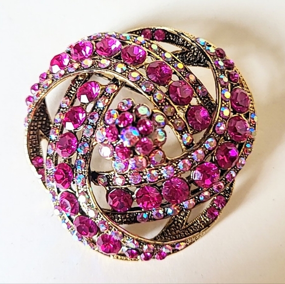 Source Unknown Jewelry - FUSCHIA AURORA BOREALIS RHINESTONE KNOT RIBBON BROOCH